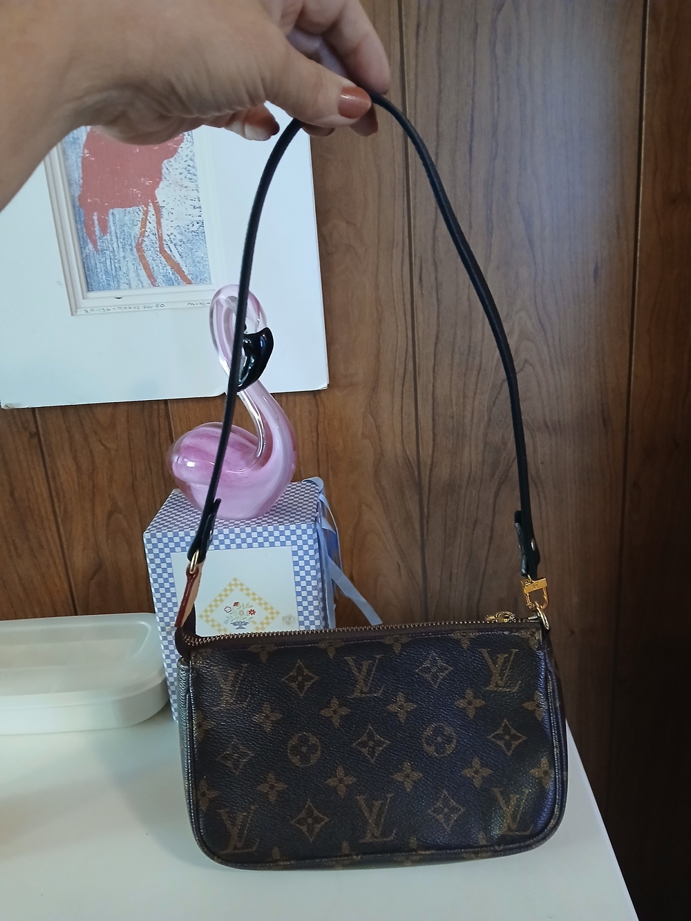 Luxury Inspired Monogram Mini Shoulder Bag in Brown with Black Strap
